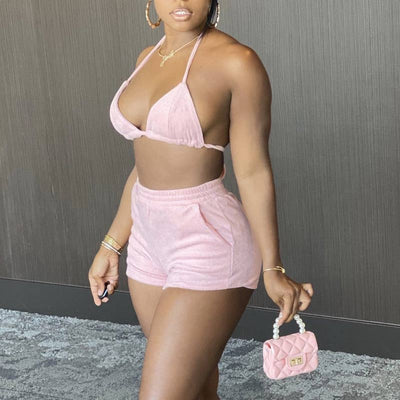 Solid Deep V-Neck Halter Bandage Two Piece Set