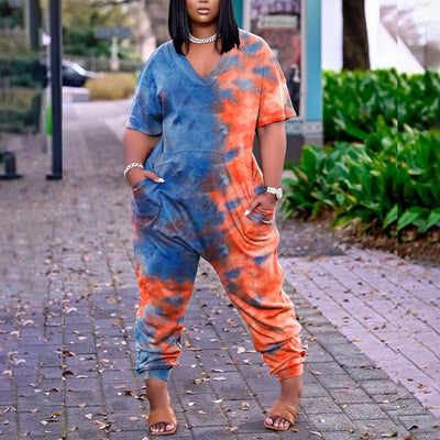 Tie Dye Print Short Sleeve Casual Jumpsuit