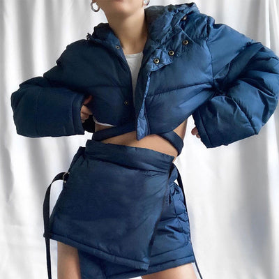 Solid Long Sleeve Hoodie Cotton Coat & Bandage Skirt Set