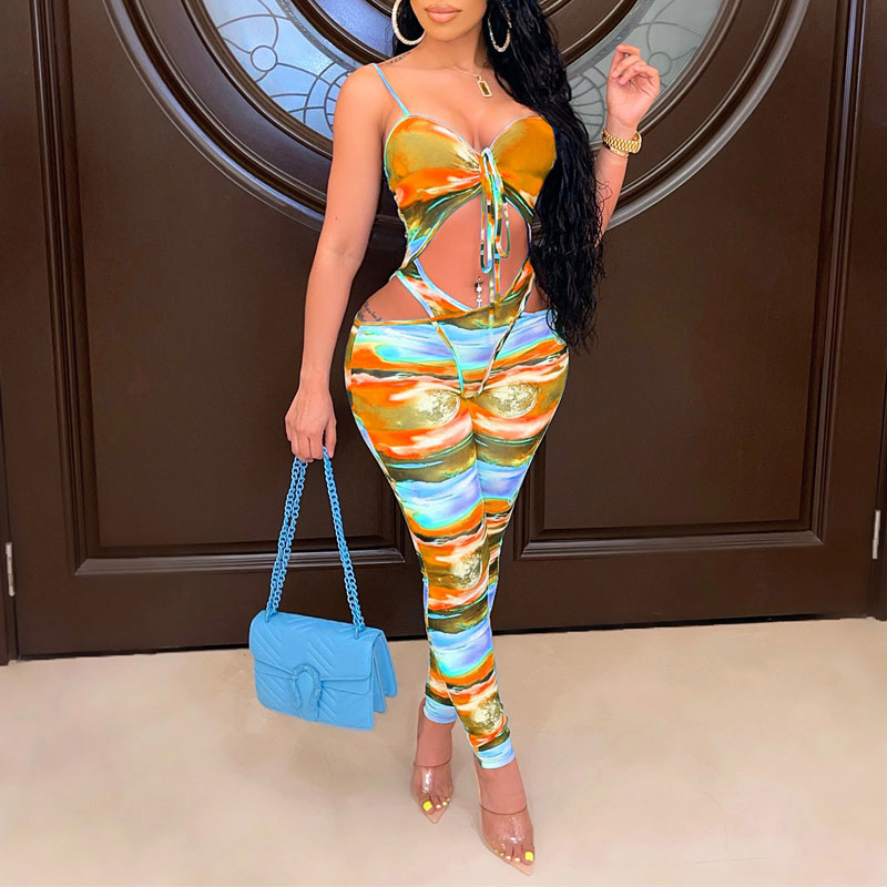 Tie Dye Print Drawstring Cut Out Jumpsuit