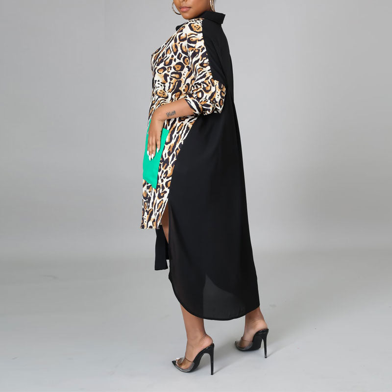 Leopard Print Long Sleeve Pocket Design Irregular Shirt Dress