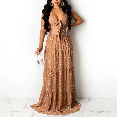 Polka Dot Print Spaghetti Strap Tied Maxi Dress