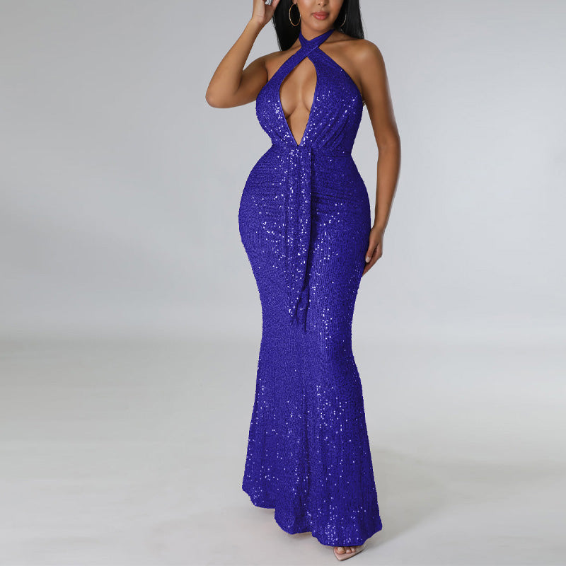 Sequins Halter Sleeveless Mermaid Evening Dress