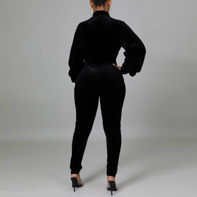 Solid Lantern Sleeve Zipper Design Sheer Mesh Jumpsuit