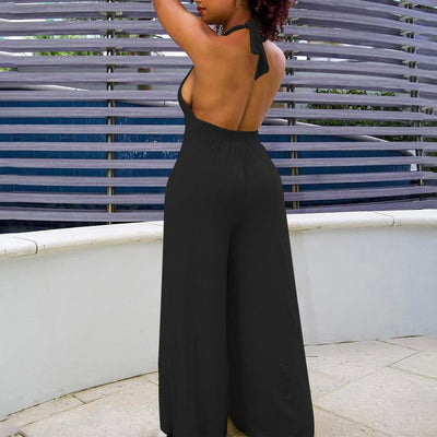Solid Halter Deep V-Neck Backless Wide Leg Jumpsuit