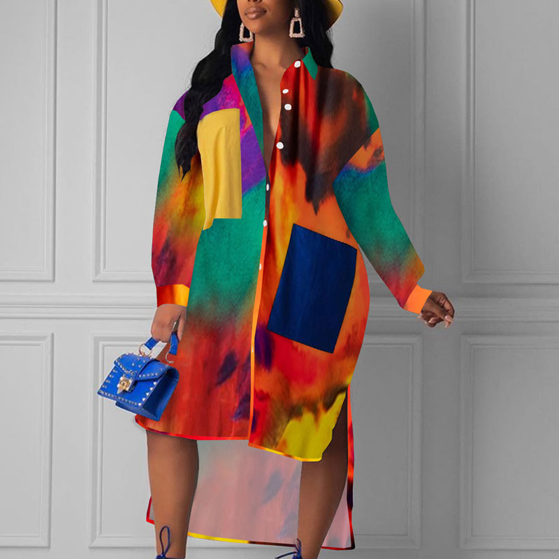 Print Pocket Design Button Detailed Shirt Dress