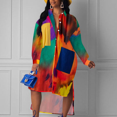 Print Pocket Design Button Detailed Shirt Dress