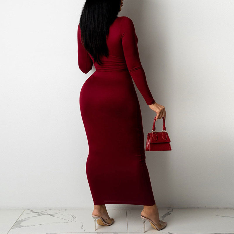 Solid Long Sleeve Cut Out Bandage Maxi Dress