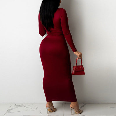 Solid Long Sleeve Cut Out Bandage Maxi Dress