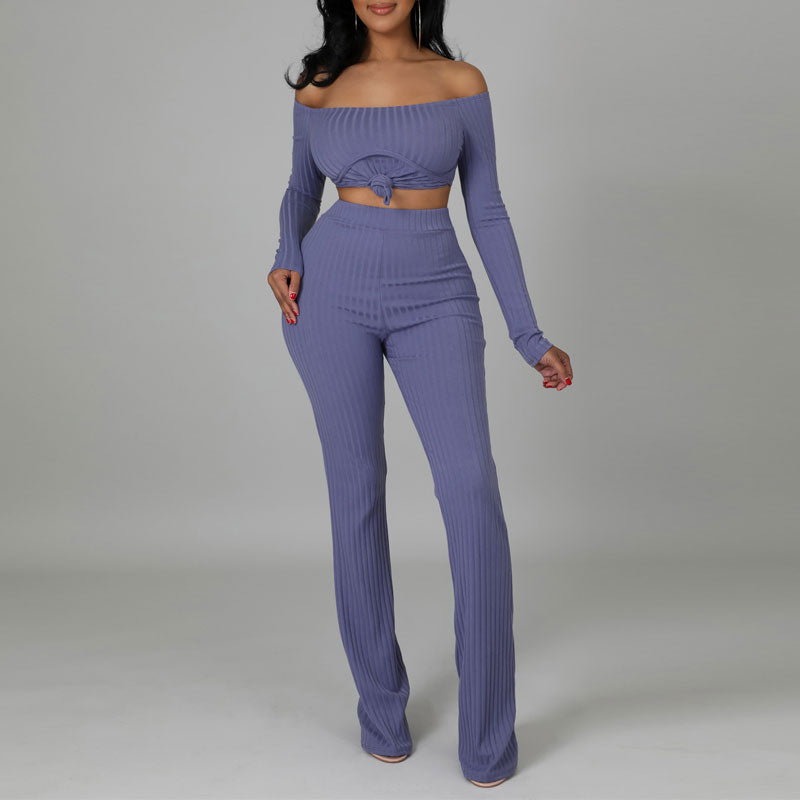 Solid Off Shoulder Long Sleeve Top & Pants Set