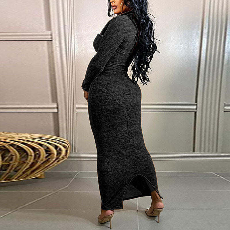 Solid Long Sleeve Cut Out Slit Maxi Dress