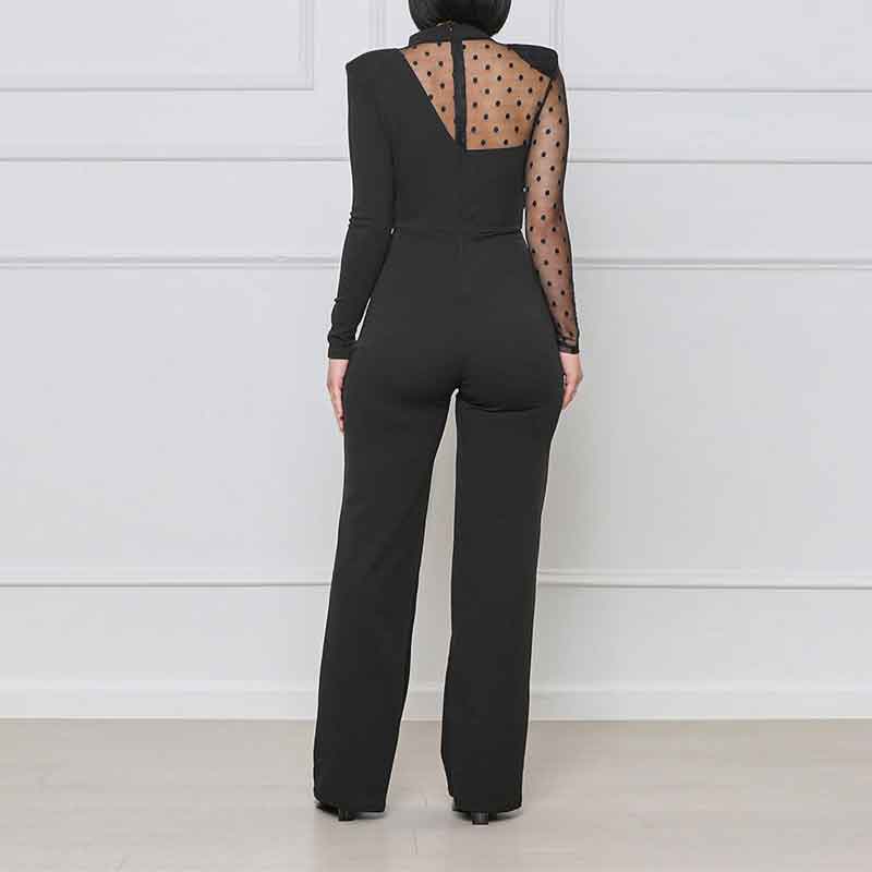Polka Dot Print Long Sleeve Sheer Mesh Patchwork Jumpsuit