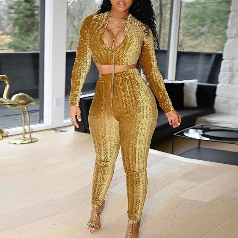 Solid Long Sleeve Hollow Out Crop Top & Pants Set