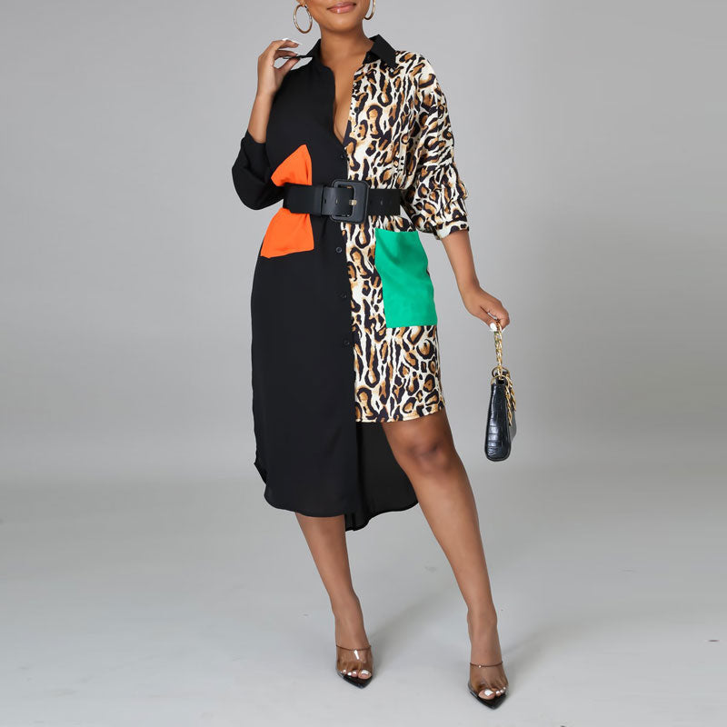 Leopard Print Long Sleeve Pocket Design Irregular Shirt Dress