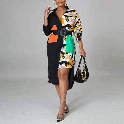Leopard Print Long Sleeve Pocket Design Irregular Shirt Dress