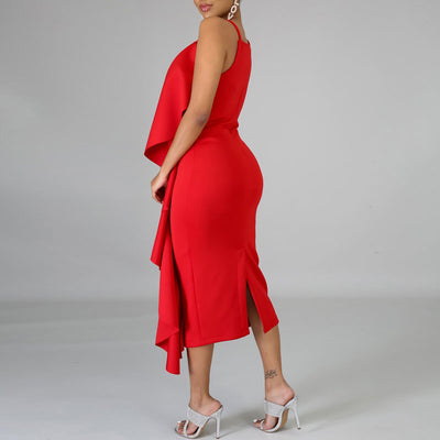Solid Sleeveless Ruffle Design Midi Dress
