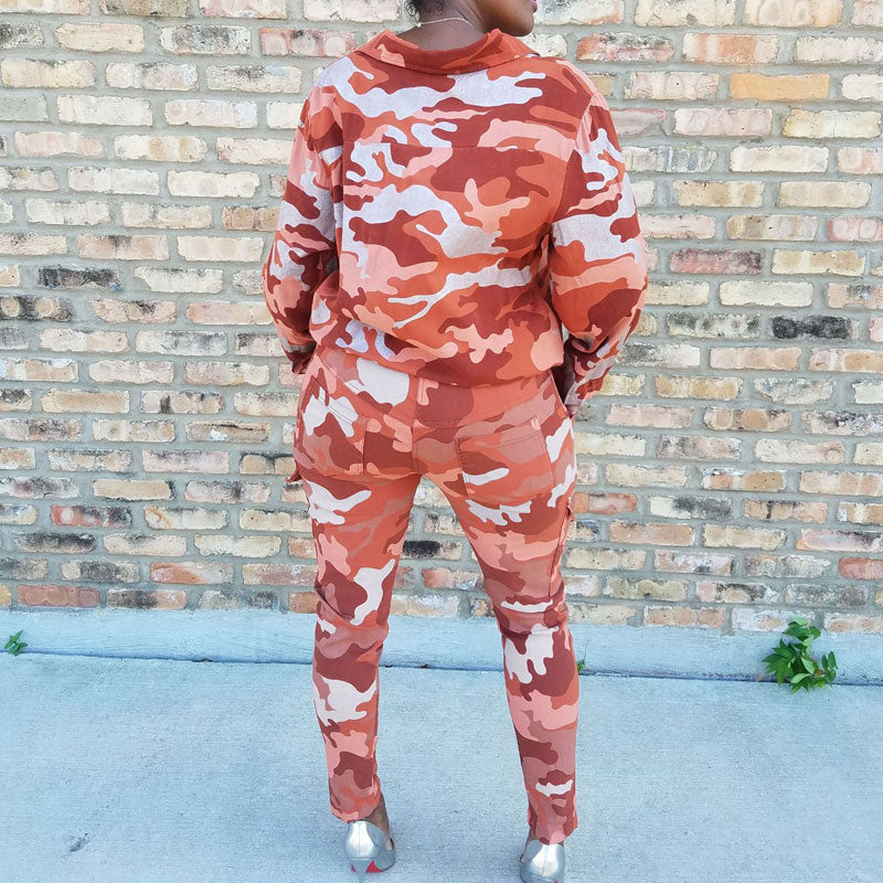 Camouflage Pattern Sequins Pocket Top & Pants Set