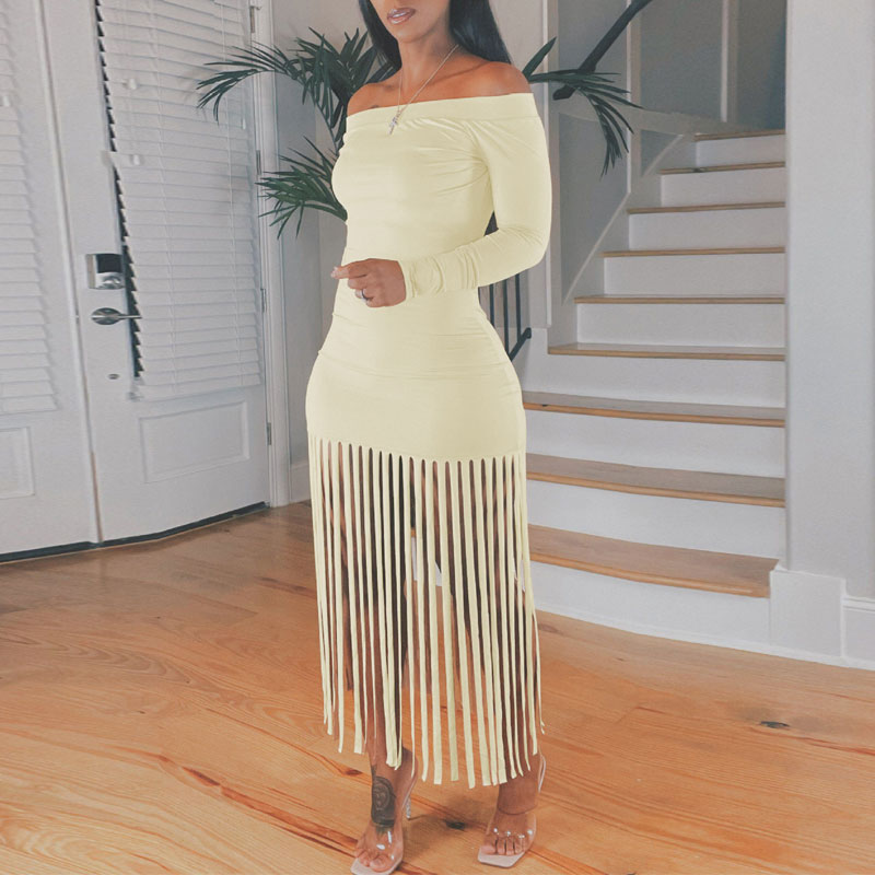Solid Off Shoulder Long Sleeve Tassel Design Dress