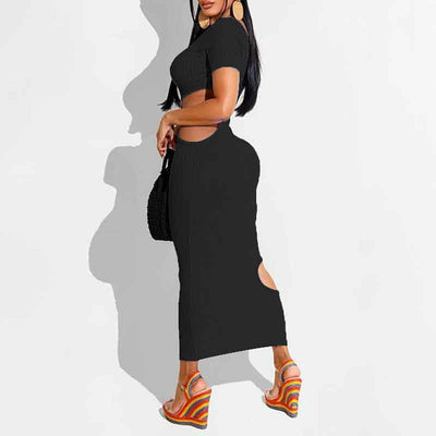 Solid Short Sleeve Cut Out Maxi Dress