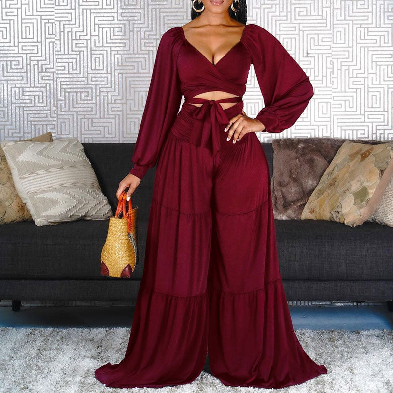 Solid V-Neck Long Sleeve Bandage Crop Top & Wide Leg Pants Set