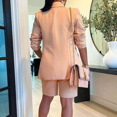 Solid Long Sleeve Blazer Coat & Shorts Set