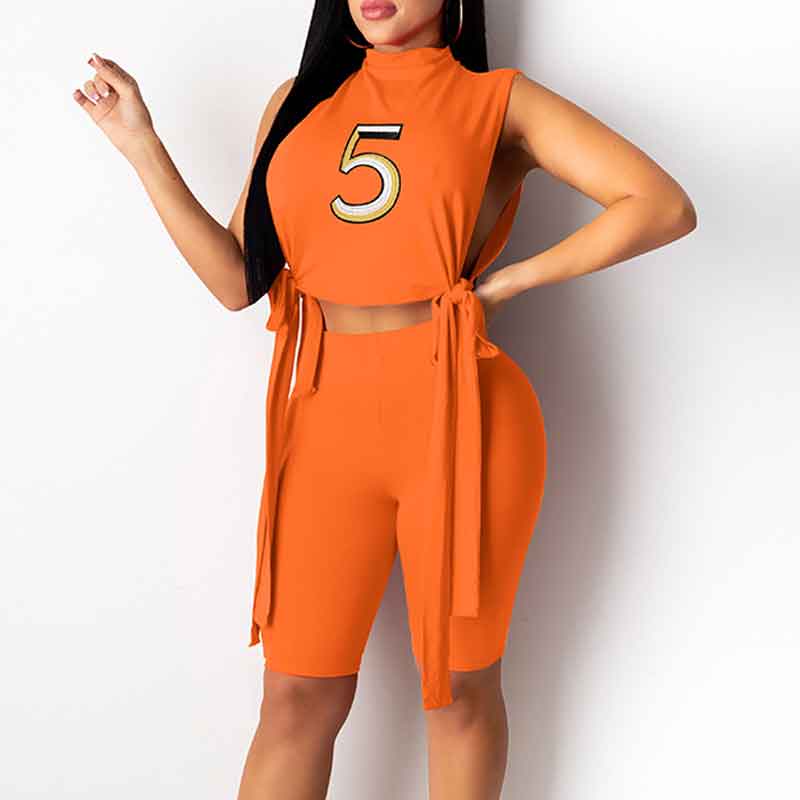 Letter Print Sleeveless Slit Crop Top & Shorts Set