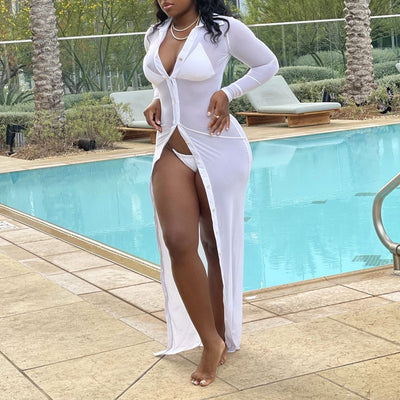 Solid Long Sleeve Sheer Mesh Beach Cover Up Dress