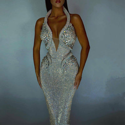 Solid Studded Halter V-Neck Sleeveless Floor-Length Dress