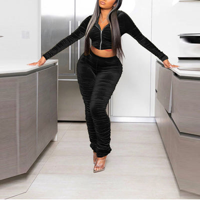 Solid Velvet Long Sleeve Hoodie Top & Ruched Pants Set