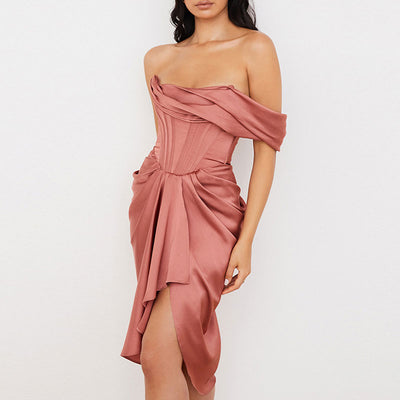 Solid Off Shoulder Corset Design Mini Dress