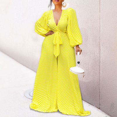 Print Deep V-Neck Long Sleeve Loose Jumpsuit