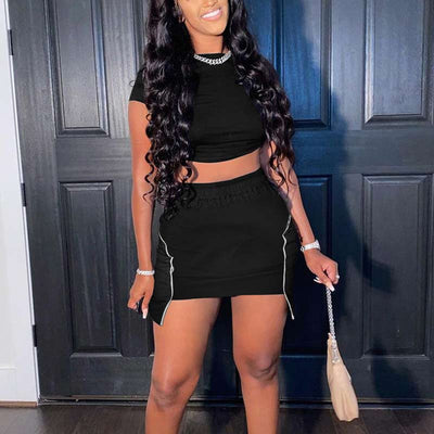 Solid Short Sleeve Crop Top & Skirt Set