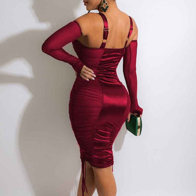 Solid Sleeveless Sheer Mesh Drawstring Midi Dress