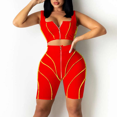 Colorblock Sleeveless Zippe Design Two Piece Shorts Set