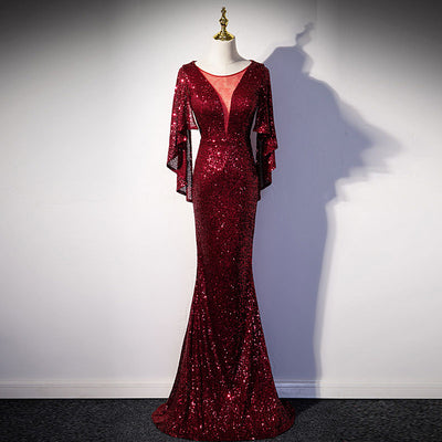 Sequins Deep V-Neck Ruffle Design Floor-Length Evening Dress