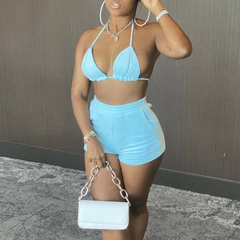 Solid Deep V-Neck Halter Bandage Two Piece Set