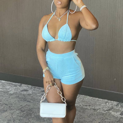 Solid Deep V-Neck Halter Bandage Two Piece Set