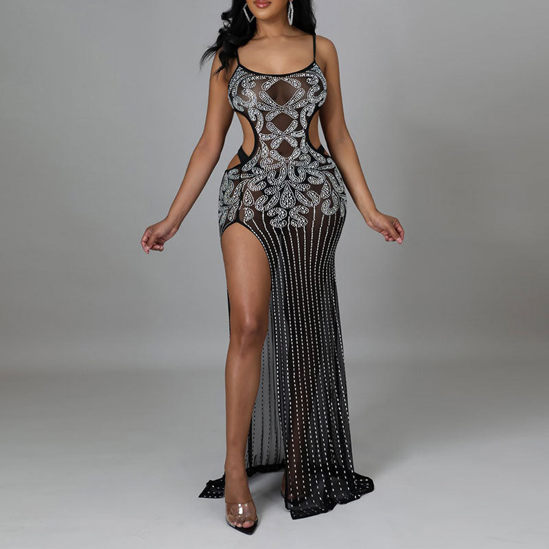 Rhinestone Sleeveless Cut Out Sheer Mesh High Slit Maxi Dress