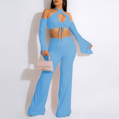 Solid Cold Shoulder Cut Out Crop Top & Wide Leg Pants Set