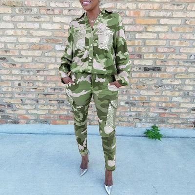 Camouflage Pattern Sequins Pocket Top & Pants Set