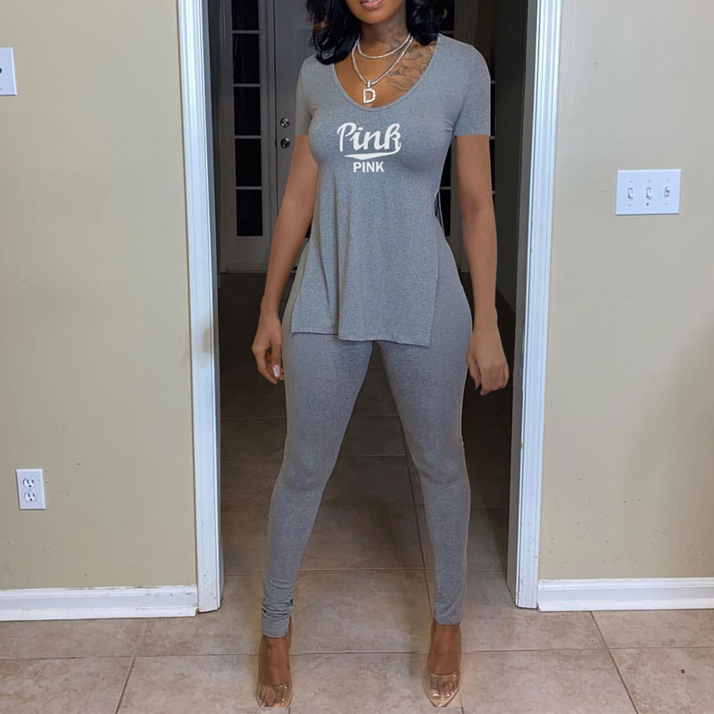 Letter Print Short Sleeve Slit Top & Pants Set