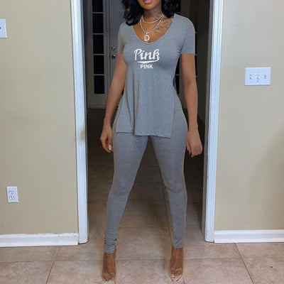 Letter Print Short Sleeve Slit Top & Pants Set