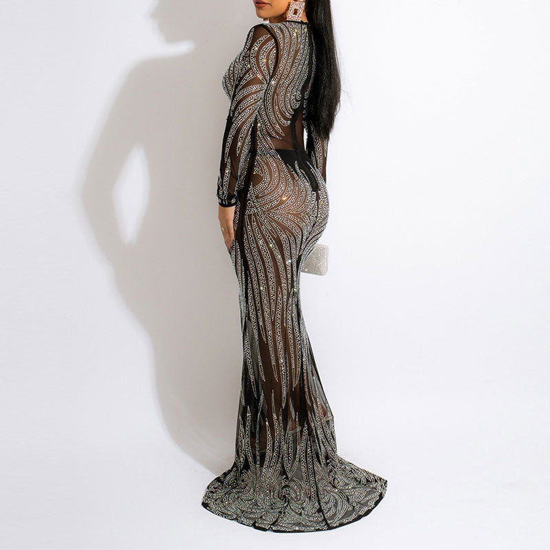 Rhinestone Long Sleeve Sheer Mesh Maxi Dress