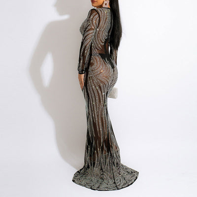 Rhinestone Long Sleeve Sheer Mesh Maxi Dress