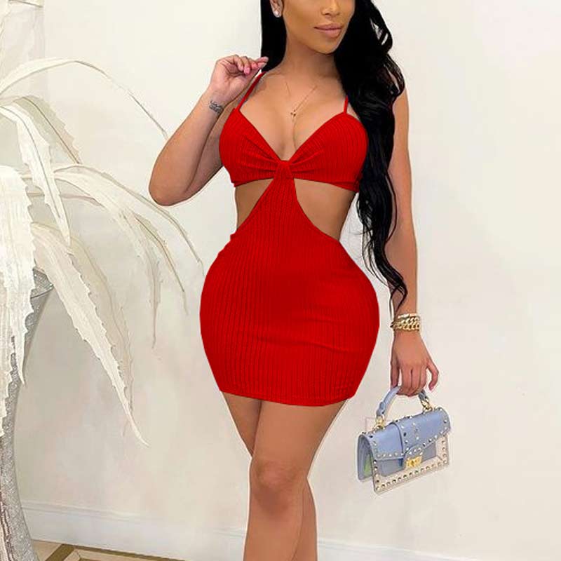 Solid Deep V-Neck Sleeveless Spaghetti Strap Bodycon Dress