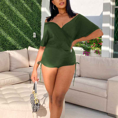 Solid V-Neck Off Shoulder Short Sleeve Romper