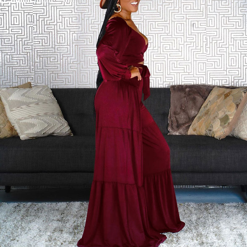 Solid V-Neck Long Sleeve Bandage Crop Top & Wide Leg Pants Set