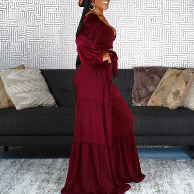Solid V-Neck Long Sleeve Bandage Crop Top & Wide Leg Pants Set