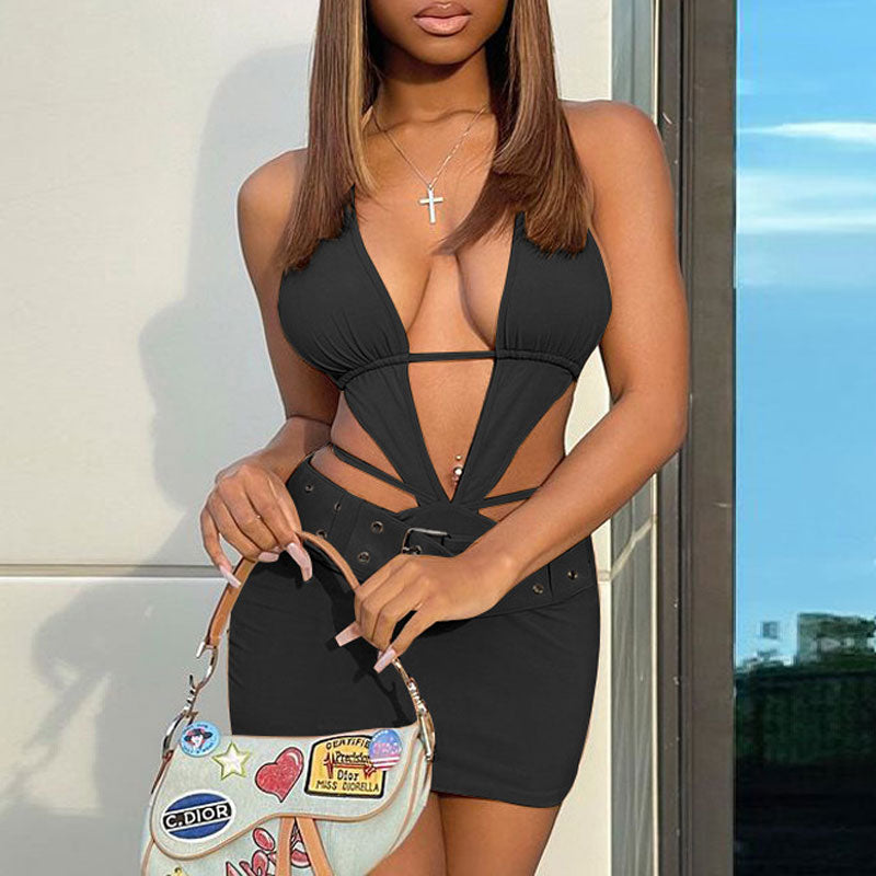 Solid Halter Deep V-Neck Cut Out Belted Mini Dress