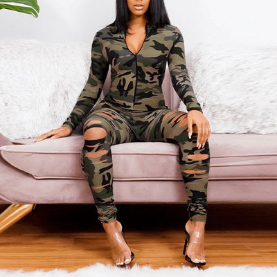 Camouflage Print Long Sleeve Cutout Plus Size Jumpsuit